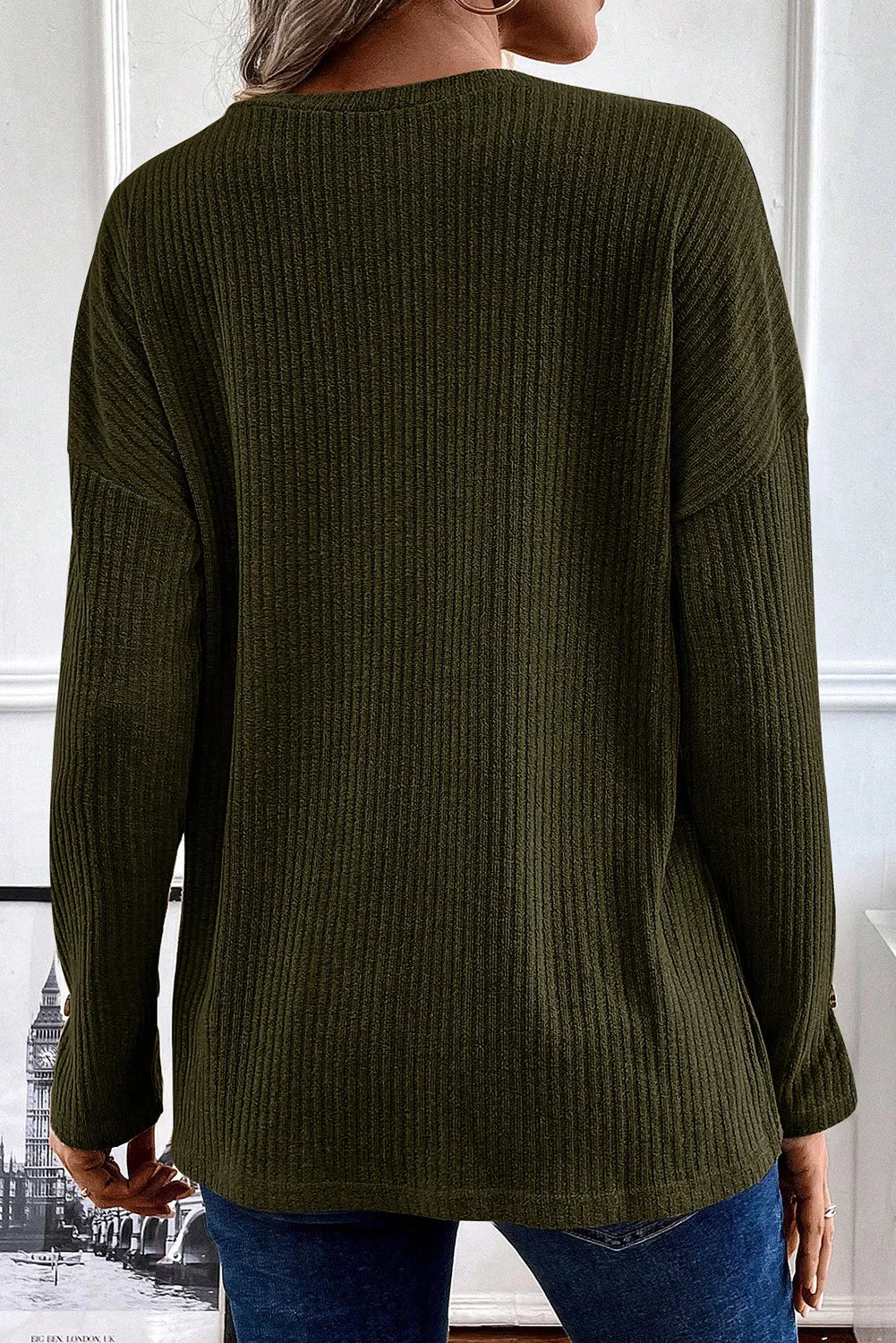 Ribbed Half Button Long Sleeve Knit Top